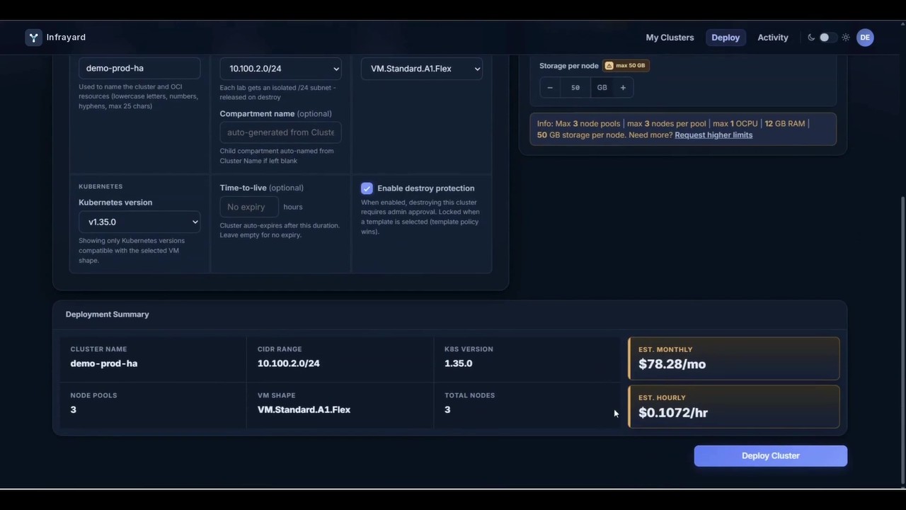 Infrayard resource configuration and estimated costs in the recorded demo