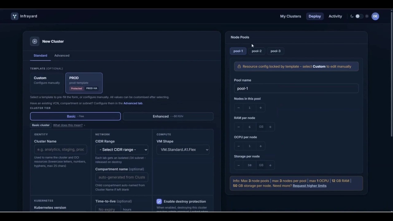 Infrayard cluster configuration shown in the recorded product demo